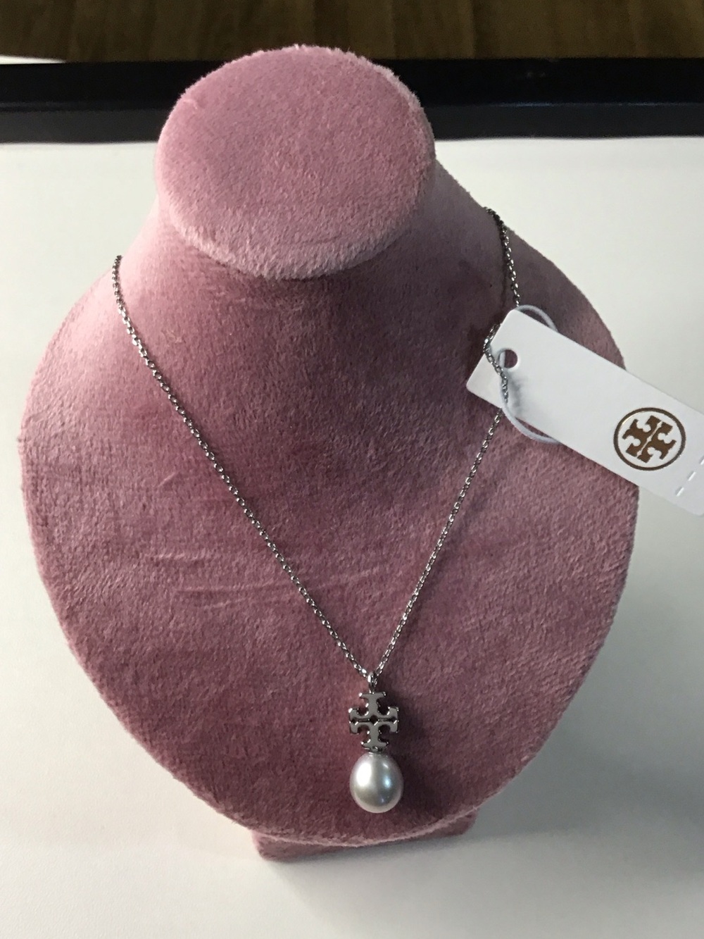 Tory Burch Silver Logo Pendant Necklace with White Pearl Drop